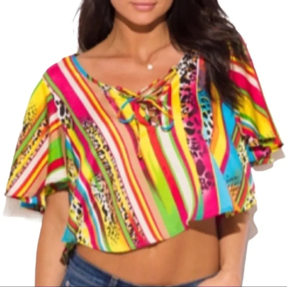 Colorful Animal Print Short Sleeve High Low Crop Top NEW
